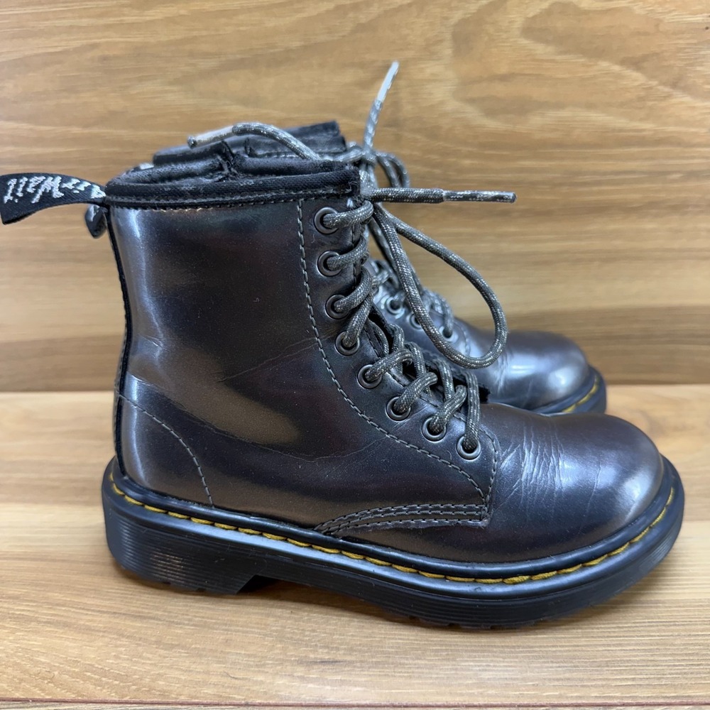 Dr Martens Little Girls Combat Boots 12 Pewter Metallic Patent Leather Zip 1460